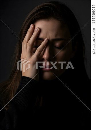Upset Woman with Hand on Her Face 131509013