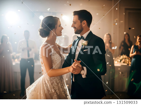 Happy wedding couple dancing at reception 131509033