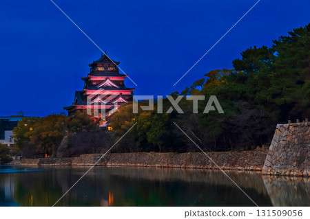[廣島縣]從內護城河（本丸和天守閣）照亮的廣島城夜景 131509056