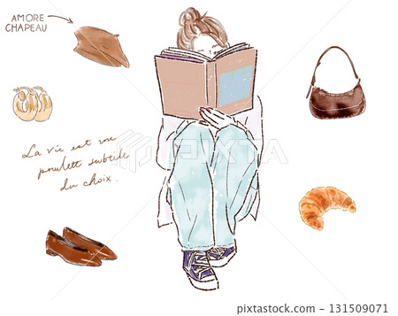 Illustration set of a stylish woman reading Illustration set of a stylish woman reading 131509071