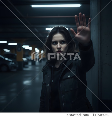 Determined Woman Making a Stop Gesture in a Garage Determined Woman Making a Stop Gesture in a Garage 131509080