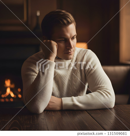 A Pensive Young Man Sits at a Table by a Fireplace A Pensive Young Man Sits at a Table by a Fireplace 131509081