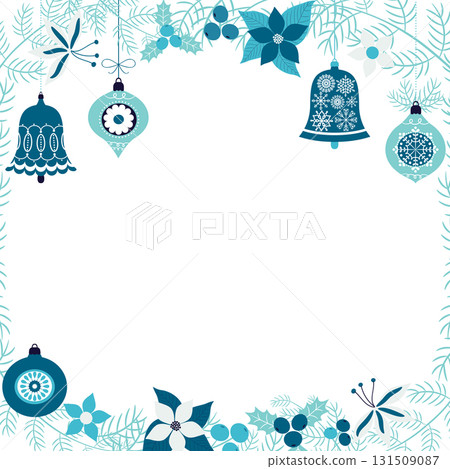 Vector winter border with pine branches and Christmas ornaments in blue colors for greeting cards, brochures and backgrounds Vector winter border with pine branches and Christmas ornaments in blue colors for greeting cards, brochures and backgrounds 131509087