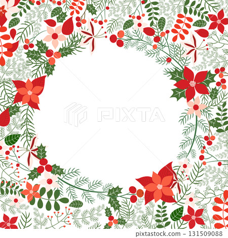 Beautiful Christmas vector background with a wreath with pine branches poinsettia and holly in red and green colors with copy space for greeting cards Beautiful Christmas vector background with a wreath with pine branches poinsettia and holly in red and green colors with copy space for greeting cards 131509088