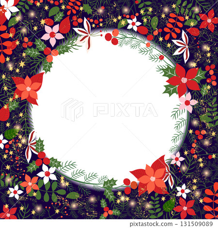 Christmas wreath, holiday vector background with with pine branches poinsettia and holly in red and green colors with copy space 131509089