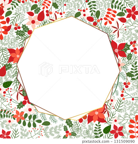 Christmas vector background with geometric wreath with poinsettia, pine branches and holly in red and green colors Christmas vector background with geometric wreath with poinsettia, pine branches and holly in red and green colors 131509090