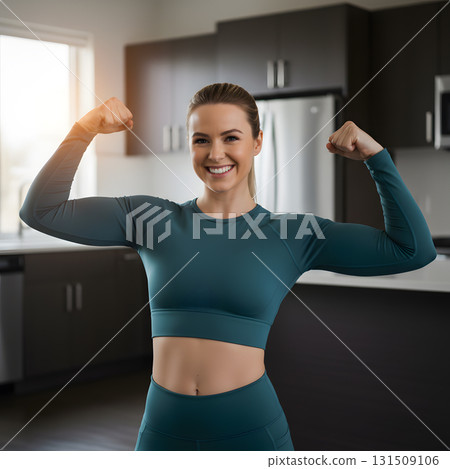 A Fit Woman Flexing Her Biceps in a Modern Kitchen 131509106