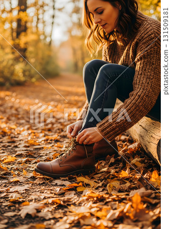 A young woman tying her boots on a forest path 131509181