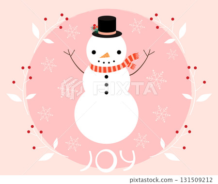Christmas and New Year Vector greeting Card, Winter holiday illustration design with snowman, pink background, white wreath and snowflakes 131509212
