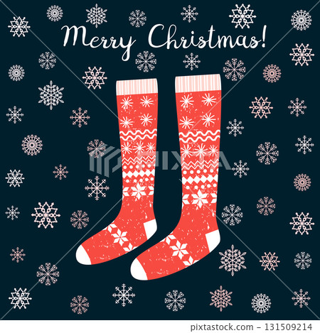 Cute vector card with red Christmas stockings on dark background with pink snowflakes Cute vector card with red Christmas stockings on dark background with pink snowflakes 131509214