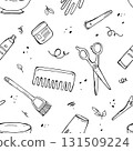 Seamless pattern with hairdressing tools, scissors, combs. Accessories for hairdressers in black color. Doodle vector illustration for textiles and design 131509224