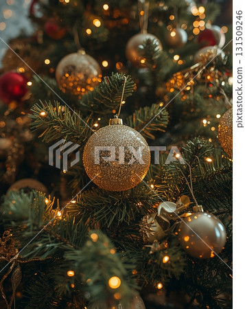 Elegant Christmas Tree with Sparkling Ornaments and Golden Lights Elegant Christmas Tree with Sparkling Ornaments and Golden Lights 131509246