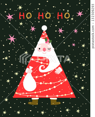 Funny Christmas vector card with Santa Claus in the shape of a Christmas tree with lights and stars for secret Santa designs 131509293