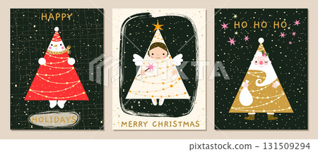 Cute geometric Christmas cards vector set with funny Santa Claus, angel and snowman in the shape of a Christmas tree with lights, with elegant dark background with gold dots for holiday designs, flyer 131509294