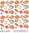 Watercolor seamless pattern of orange pumpkins and vibrant fallen leaves on a white background. Suitable for textile design, gift wrapping paper, cards, invitations, and food packaging. 131509327