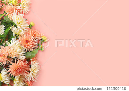 Frame of dahlia flowers, abstract floral arrangement, spring or autumn background with place for text, minimal holiday concept, still life, greeting card. selective focus Frame of dahlia flowers, abstract floral arrangement, spring or autumn background with place for text, minimal holiday concept, still life, greeting card. selective focus 131509418