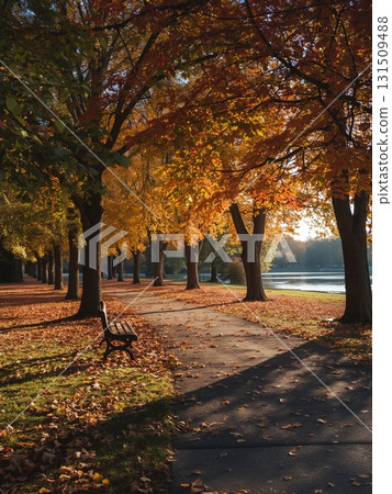 Picturesque Autumn Park Scene with Wooden Bench 131509488
