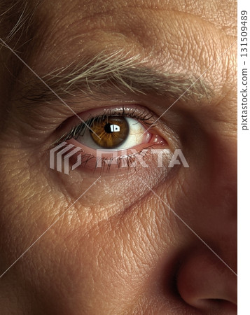 Hyper-Realistic Close-Up of Mature Eyes with Detailed Wrinkles Hyper-Realistic Close-Up of Mature Eyes with Detailed Wrinkles 131509489
