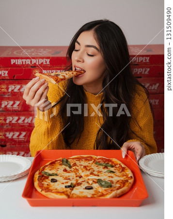 Woman Enjoying Pizza in Front of Stacked Pizza Boxes Woman Enjoying Pizza in Front of Stacked Pizza Boxes 131509490