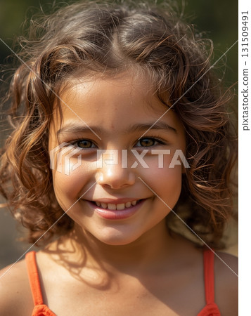 Young Girl with Curly Brown Hair and Sunlit Smile 131509491