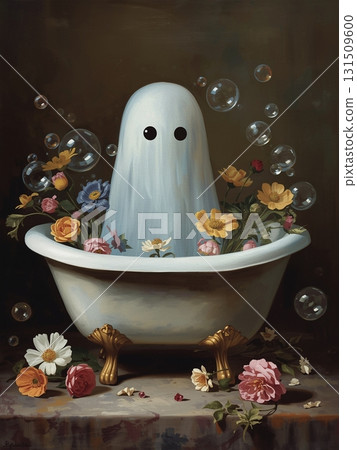 Cute Ghost Sitting in Vintage Bathtub with Vibrant Flowers 131509600