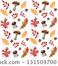 Watercolor seamless pattern with mushrooms, autumn leaves, red berries on white background. Suitable for textile design, gift wrapping paper, cards, invitations, and food packaging 131509700
