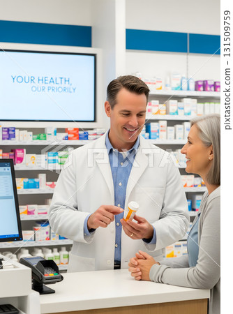 Pharmacist Consulting with a Female Customer in a Drugstore 131509759
