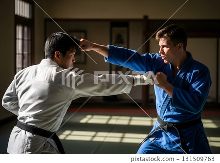 Two martial artists sparring in a dojo 131509763