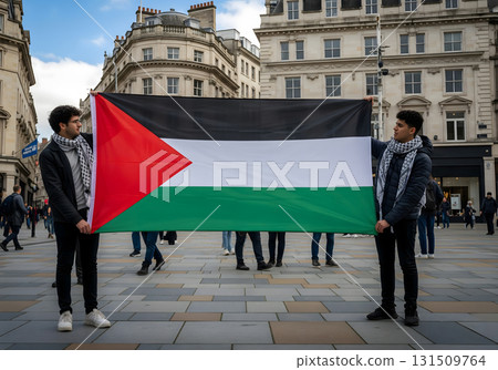Two Young Men Holding a Palestinian Flag 131509764