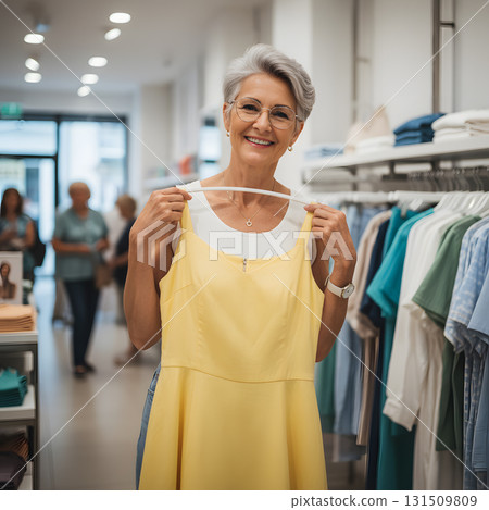 A mature woman shopping for clothing in a store 131509809