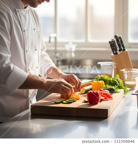 A Chef Slicing Fresh Vegetables in a Kitchen A Chef Slicing Fresh Vegetables in a Kitchen 131509846