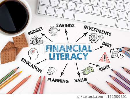 Financial Literacy Concept. Chart with keywords and icons. White office desk 131509891