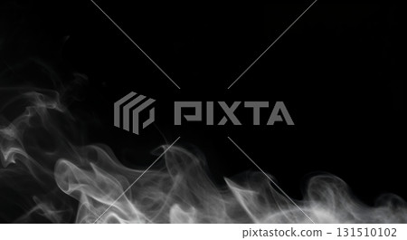 A delicate, wispy white smoke pattern gracefully rises and swirls from the bottom left corner against a deep black background, creating a soft, ethereal cloud effect with ample copy space. A delicate, wispy white smoke pattern gracefully rises and swirls from the bottom left corner against a deep black background, creating a soft, ethereal cloud effect with ample copy space. 131510102