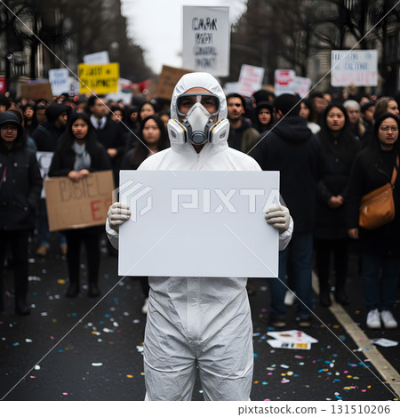 Protester in Hazmat Suit Holding Blank Sign Protester in Hazmat Suit Holding Blank Sign 131510206