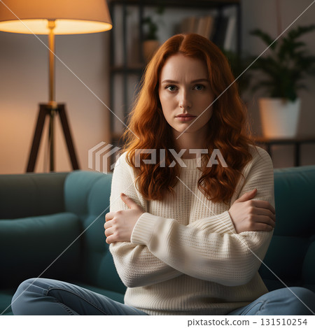 A beautiful woman with striking red hair sits on a turquoise couch 131510254
