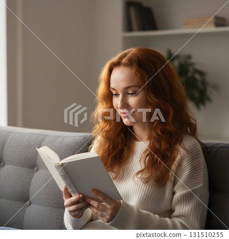 A young woman with fiery red hair reads a book on a gray couch 131510255