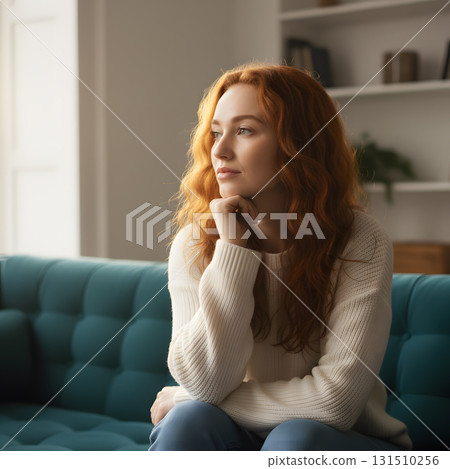A contemplative young woman sitting by a window 131510256