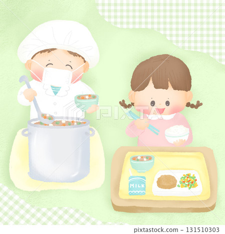 Boy serving school lunch _ Girl eating _ Child 131510303