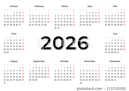 2026 Horizontal Calendar. Modern simple 2026 calendar and bold central year display. Week Starts on MONDAY. White background. Perfect for business planning, office use, or printed calendars. Vector 2026 Horizontal Calendar. Modern simple 2026 calendar and bold central year display. Week Starts on MONDAY. White background. Perfect for business planning, office use, or printed calendars. Vector 131510392