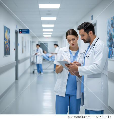 Two Medical Professionals Reviewing Patient Data in a Hospital Hallway Two Medical Professionals Reviewing Patient Data in a Hospital Hallway 131510417