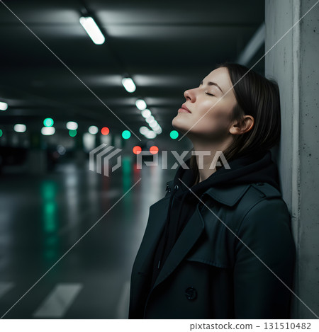 Peaceful Woman Leaning on a Pillar in a Dark Garage 131510482