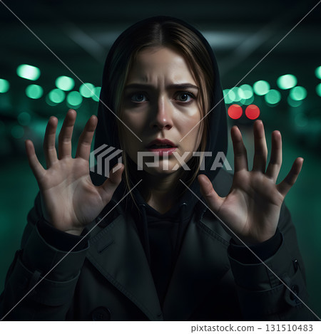 Young Woman Holding Up Her Hands in a Dark, Fearful Encounter 131510483
