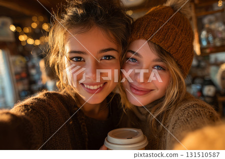 Two smiling young women in warm sweaters taking selfie with coffee cups in cozy cafe 131510587