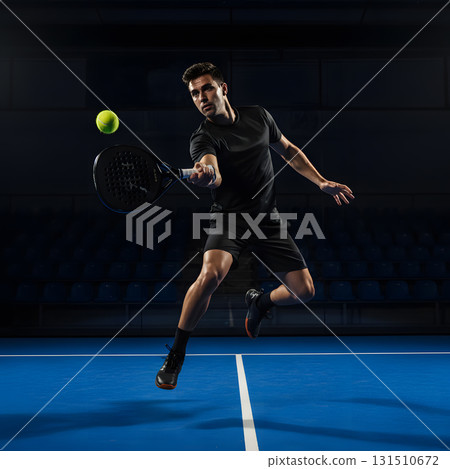 A male padel player hitting a powerful volley or drive 131510672