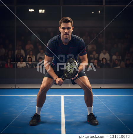 Determined padel player ready to serve on a blue court Determined padel player ready to serve on a blue court 131510673