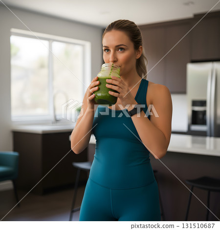 Focused Woman Drinking a Green Smoothie Post-Workout 131510687