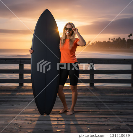 Confident Surfer Woman with a Black Board at Sunset 131510689
