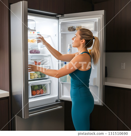 Fit Woman Getting a Water Bottle from a Stocked Refrigerator Fit Woman Getting a Water Bottle from a Stocked Refrigerator 131510690