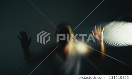 Halloween Monster With Mask Peeks Out From Transparent Curtain The Night Halloween Monster With Mask Peeks Out From Transparent Curtain The Night 131510835