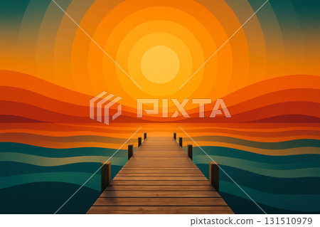 Sunset over the calm water with a wooden pier extending into the horizon and vibrant waves reflecting the colorful sky 131510979